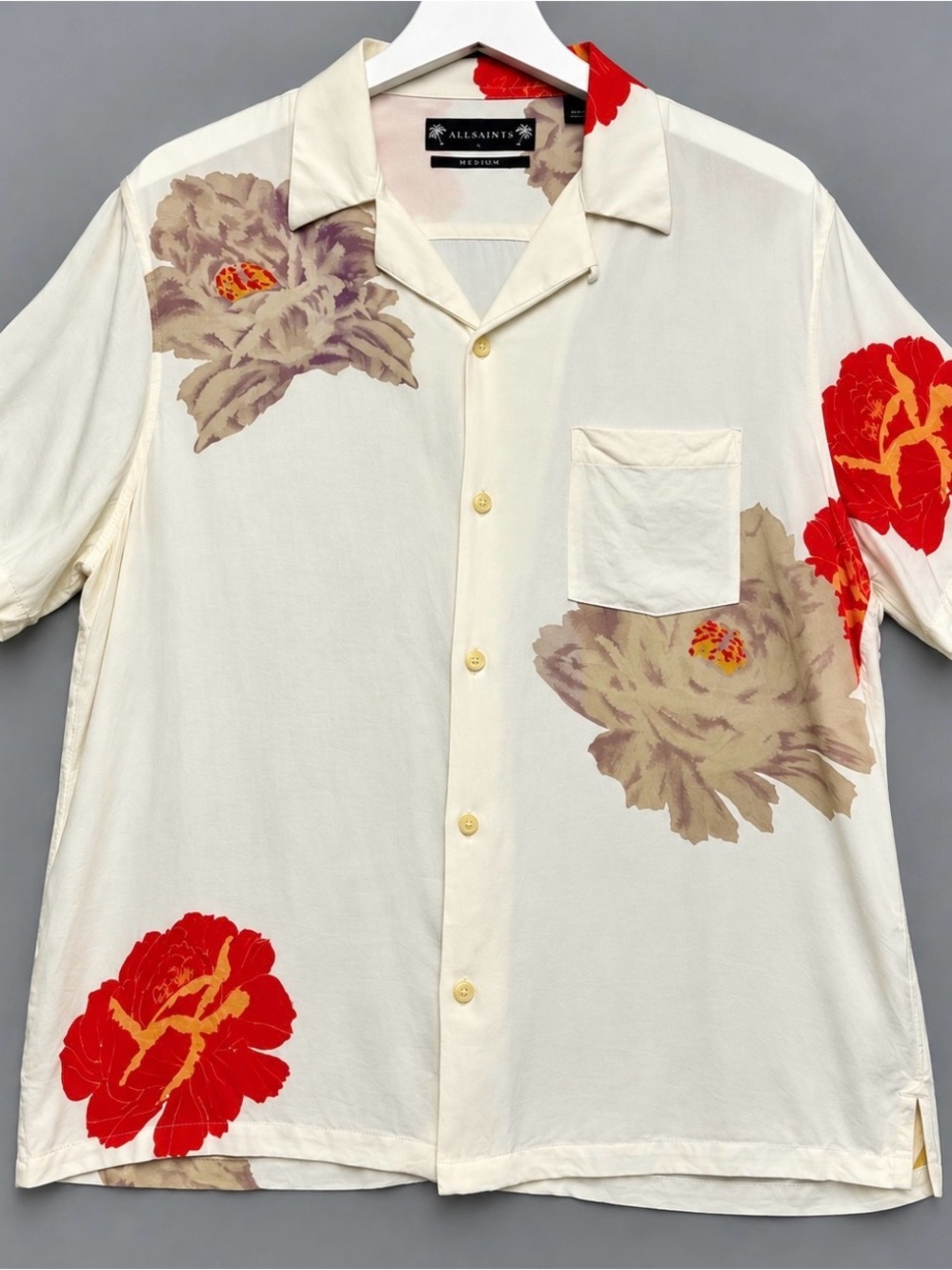 AllSaints Relaxed Fit Floral Camp Collar Shirt Men's L White ECOVERO 22x27 EUC